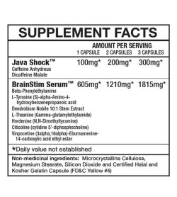 Supplement facts and ingredients panel of Magnum Rocket Science for serving size of 1, 2 and 3 capsules