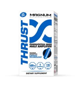 White and blue container of Magnum Thrust Maximum Absorption Capsule Technology 680 mg contains 120 capsules