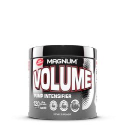 Silver and grey container with silver cap of Magnum Volume PUMP intensifier contains 120 capsules of dietary supplement