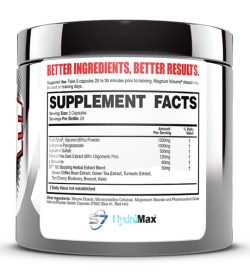 Supplement facts and ingredients panel of Magnum Volume Pump Intensifier for serving size of 5 capsules with 24 servings per bottle