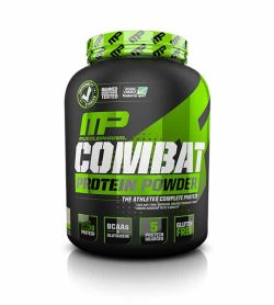 Grey and green container with green graphic cap of Musclepharm Combat Protein Power contains 4 lbs