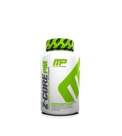 White and green container with green graphic cap of Musclepharm Z-Core PM shown in white background