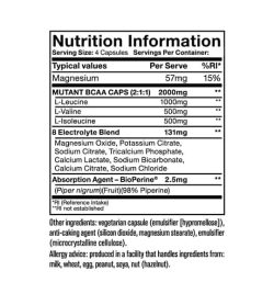 Nutrition information and ingredients panel of Mutant BCAA Caps for serving size of 4 capsules