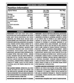 Nutrition facts and ingredients panel of Mutant Mass for serving size of 260 g, 130 g and 100 g