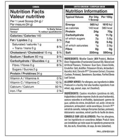 Nutrition facts and ingredients panel of Mutant Micellar Casein for serving size of 1 level scoop (34 g)