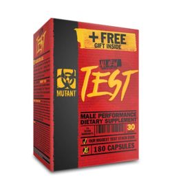 Red and black box of Mutant All New Test Male Performance Dietary Supplement contains 180 capsules and free gift inside