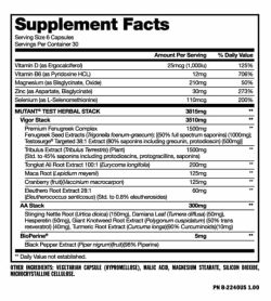 Supplement facts and ingredients panel of Mutant Test for serving size of 6 capsules with 30 servings per container