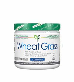 White container with green graphic cap of Novaforme Wheat Grass 100% pure wheat grass contains 42 servings