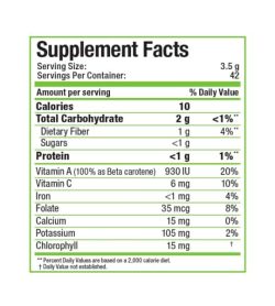 Supplement facts panel of Novaforme Wheat Grass for serving size of 3.5 g with 42 servings per container