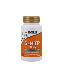 Flacon blanc et orange avec bouchon doré de Now 5-HTP 100 mg Neurotransmitter Support* contient 60 gélules végétales