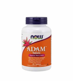 White and orange bottle with black cap of Now ADAM Tablets Superior Men's Multi contains 60 tablets