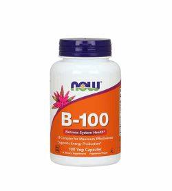 White and orange bottle with black cap of Now B-100 Nervous System Health* contains 100 veg capsules