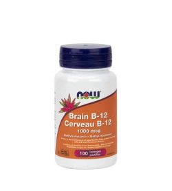 White and orange bottle with black cap of Now Brain B-12 Methylcobatamin 1000 mcg contains 100