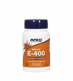 White and orange bottle with blue cap of Now Natural E-400 Antioxidant Protection with Mixed Tocopherols