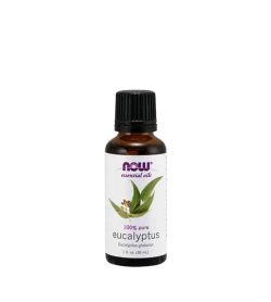 Brown bottle with white label of Now 100% pure Eucalyptus contains 1 fl oz (30 ml)