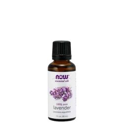 Brown bottle with white label of Now lavender oil contains 1 fl oz (30 ml)
