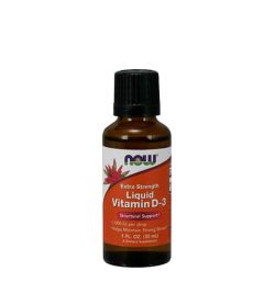 Brown bottle with white and orange label of Now Extra Strength Liquid Vitamin D-3 Structural Support contains 1 fl oz (30 ml)