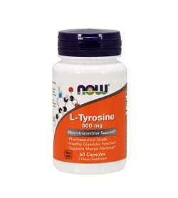 White and orange bottle with black cap of Now L-Tyrosine 500 mg Neurotransmitter support contains 60 capsules