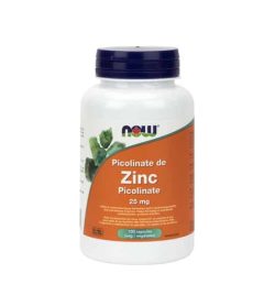 White and orange bottle with purple cap of Now Zinc Picolinate 25 mg contains 100 capsules