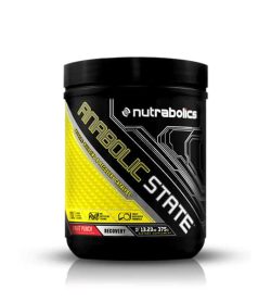 Black and yellow container with black lid of Nutrabolics Anabolic State with Fruit Punch flavour contains 375 g