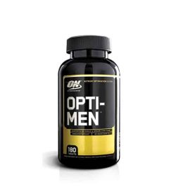 Black and yellow bottle with black cap of Optimum Nutrition Opti-Men contains 180 tablets