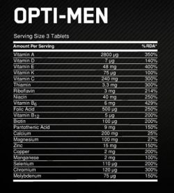 Nutrition facts panel of Optimum Nutrition OIpti-Men for serving size of 3 tablets shown in white text in black background