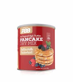 Red container showing pancakes of P28 Pancake dry mix with buttermilk flavour with net wt. 453 g