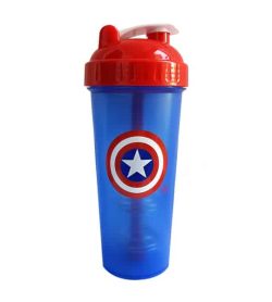 Blue bottle with red and white lid of Perfect Shaker Captain America shown in white background