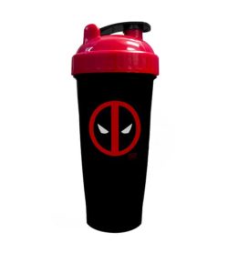 Black bottle with red and black lid of Perfect Shaker Deadpool shown in white background
