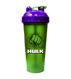 Green bottle with purple and green lid of Perfect Shaker Hulk shown in white background