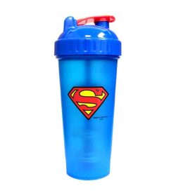 Blue bottle with blue and red lid of Perfect Shaker Superman shown in white background
