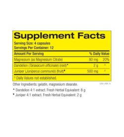Tableau des faits et des ingrédients du diurétique Pharmafreak Ripped Freak pour une portion de 4 capsules avec 12 portions par récipient
