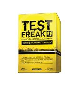 Yellow box of Pharmafreak Test Freak Hybrid Vitamin/Mineral Supplement contains 120 capsules of supplement in a box