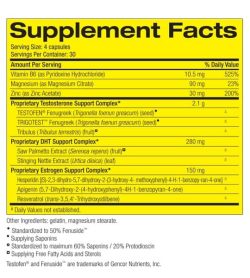 Supplement facts and ingredients panel of Pharmafreak Test Freak for serving size of 4 capsules with 30 servings per container