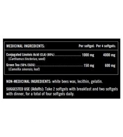 Medicinal ingredients panel of Precision Extreme CLA for serving size of 1 softgel and 4 softgels