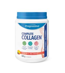 A white plastic jar of Progressive Complete Collagen with Tropical Breeze flavour containing 500 g