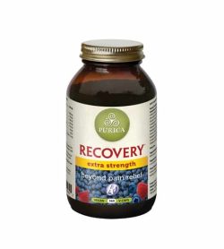 Brown bottle with shiny lid of Purica Recovery Extra Strength beyond pain relief contains 360 vegan v-caps