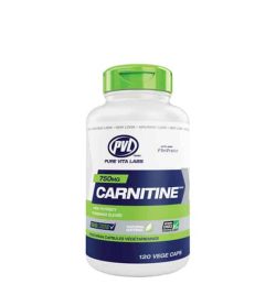 White, blue and green bottle with green cap of PVL Carnitine 750 mg contains 120 vege caps