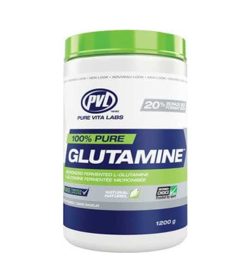 White, blue and green container with green cap of PVL 100% pure Glutmaine contains 1200 g