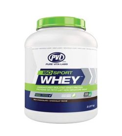 White, blue, and, green container with green lid of PVL ISO Sport Whey with rich chocolate flavour contains 2.27 kg (5 lb)