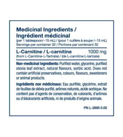 Medicinal Ingredients panel of PVL Liquid Carnitine for serving size of 1 tablespoon (~15 ml) with 32 servings per container