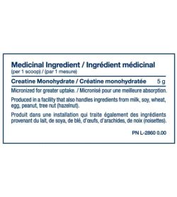 Panneau d'ingrédients médicinaux de PVL Pure Creatine pour une portion de 1 cuillère illustrée avec un texte bleu sur fond blanc