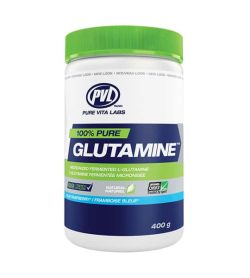 White, blue and green container with green cap of PVL 100% pure Glutamine with Blue Raspberry falvour contains 400 g