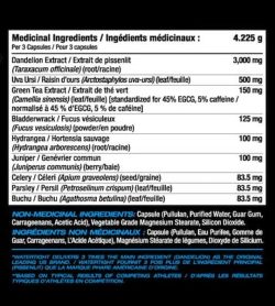 Panneau d'ingrédients médicinaux de PVL Water Tight pour une portion de 3 capsules illustré avec du texte en noir, blanc et bleu