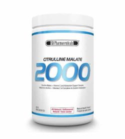 White and blue container with white lid of SD Pharmaceuticals Citrulline Malate 2000 all-natural unflavoured natural health product