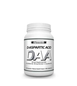 White bottle with white cap of SD Pharmaceuticals D-Aspartic Acid DAA natural health product contains 120 capsules