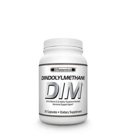 White bottle with white cap of SD Pharmaceuticals Dinolylmethane DIM contains 30 capsules