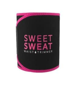 Black and pink Sweet Sweat Waist Trimmer Belt shown closed in white background