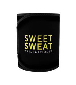 Black and yellow Sweet Sweat Waist Trimmer Belt shown closed in white background