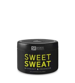 Black and yellow jar of SR Sports Research Sweet Sweat Workout Enhancer shown in white background